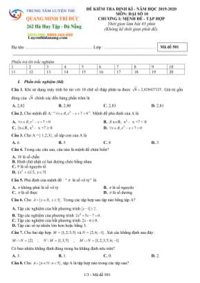 Đề kiểm tra định kỳ môn Đại số Lớp 10 - Mã đề 501 - Năm học 2019-2020 - Trung tâm luyện thi Quang Minh Trí Đức (Có đáp án)